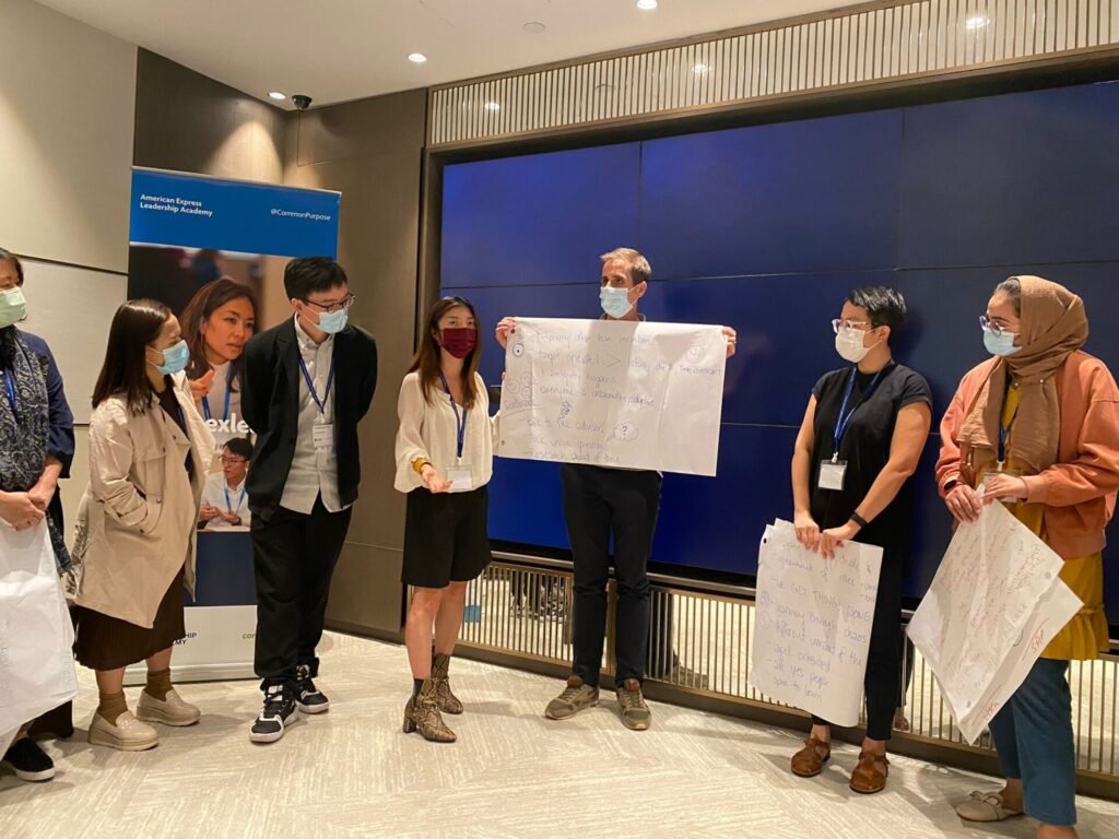 A group of participants at a leadership training session. One person presents a poster with written points, while others, wearing face masks, stand in a row and listen attentively. A banner promoting the Amercian Express Leadership Academy and its partnership is visible in the background.